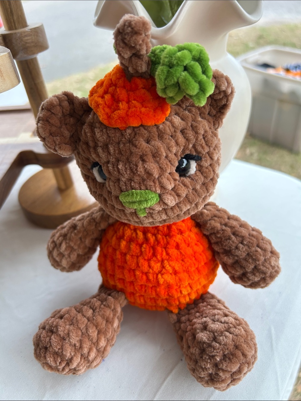 Crochet 🧶 Plush Brown & Orange Pumpkin Bear Stuffed Toy